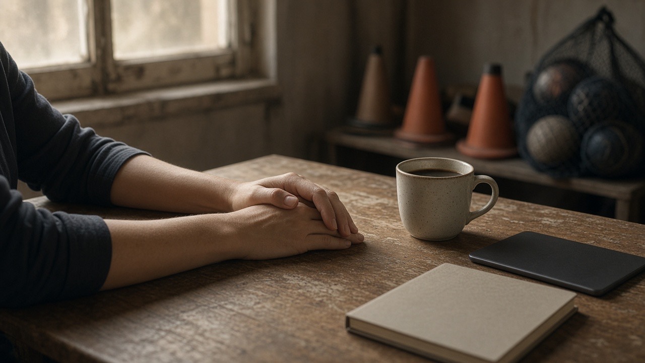 A coach's hands on a club office table early on a Monday, coffee beside a closed notebook